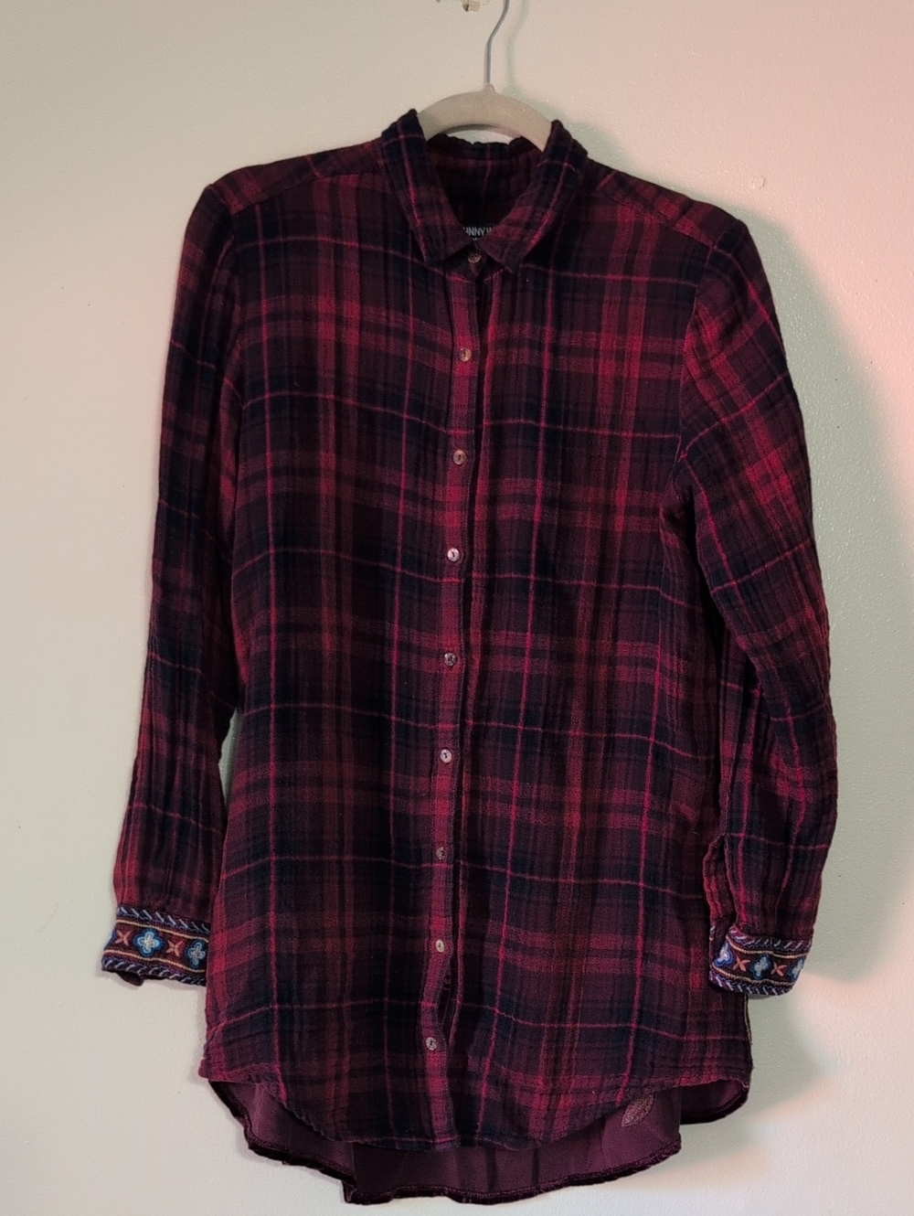 Johnny Was Workshop Plaid Button-Down Shirt in Dark Red Blue Embroidered Size S